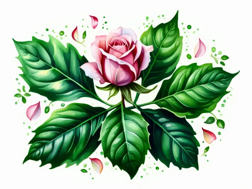 Una ilustración detallada en acuarela de una exuberante y vibrante planta de albahaca rodeada de delicados pétalos de rosa, con un suave resplandor etéreo emanando de las hojas