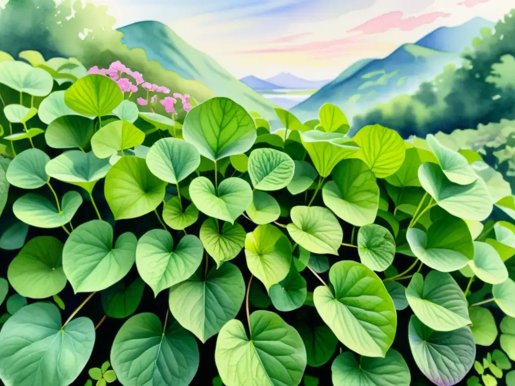 Una ilustración detallada en acuarela de un exuberante paisaje con plantas de centella asiática