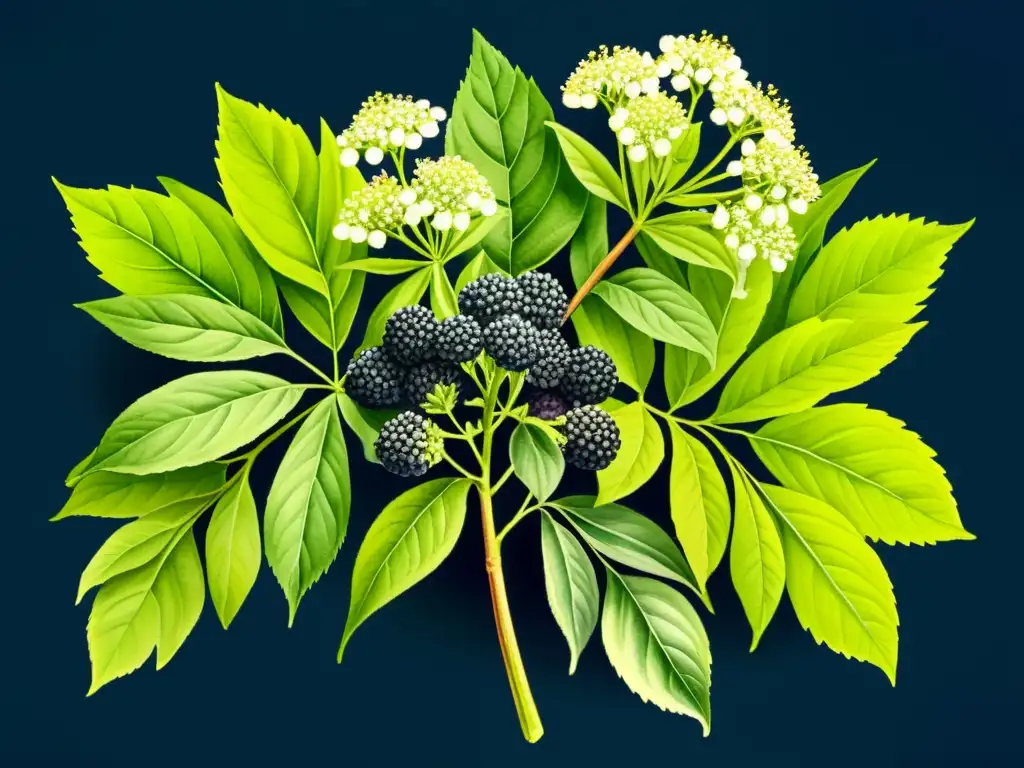 Una ilustración detallada en acuarela de un exuberante saúco con hojas verdes vibrantes, delicadas flores blancas y racimos de moras púrpuras