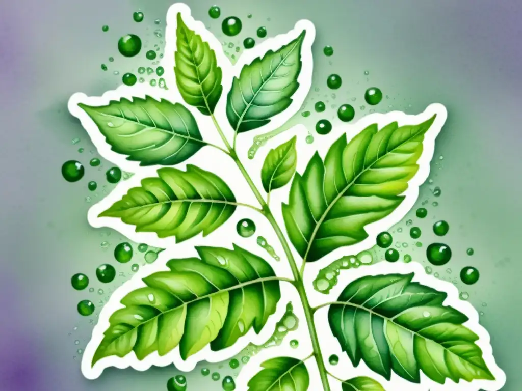 Una ilustración detallada en acuarela de una exuberante planta de Tulsi con hojas verdes vibrantes, flores moradas delicadas y pequeñas gotas de rocío brillando en la suave luz de la mañana