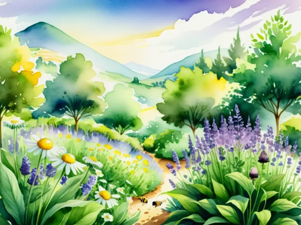 Una ilustración detallada en acuarela 8k de un exuberante jardín medicinal con lavanda, manzanilla y menta, preparación suelos jardines medicinales
