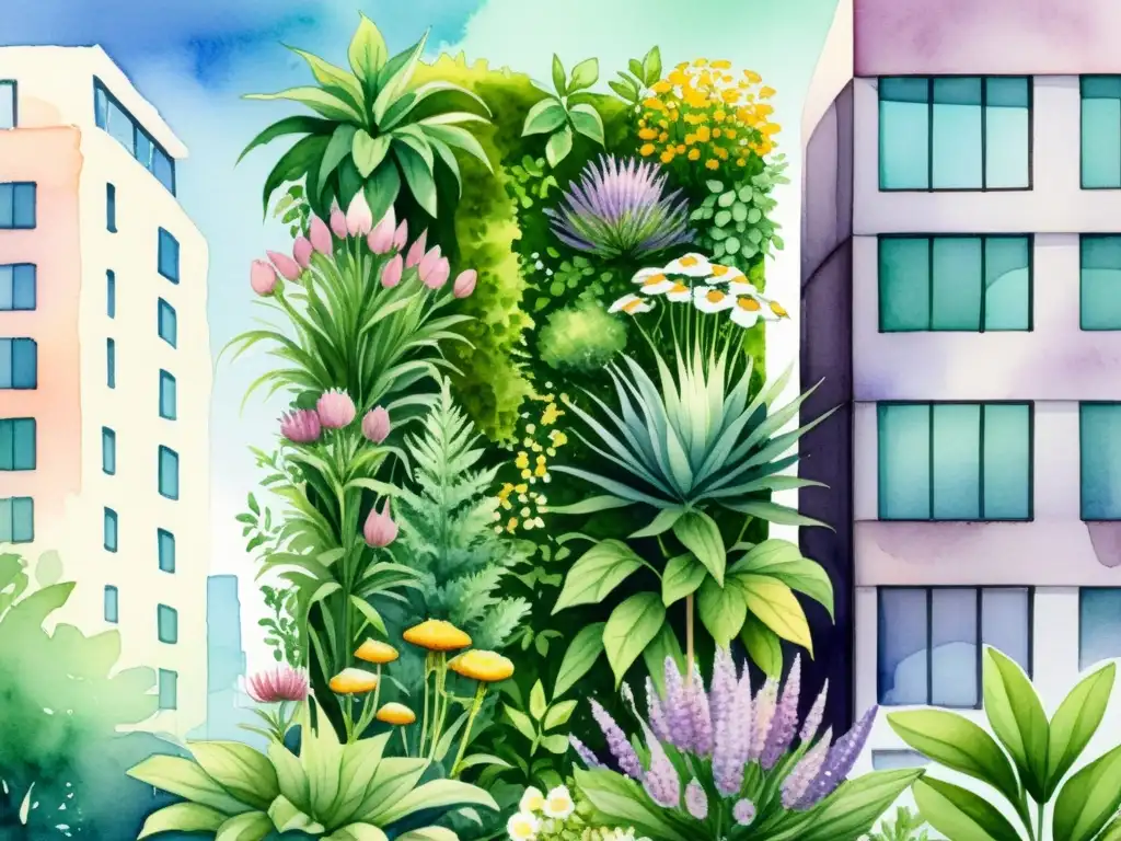 Una ilustración detallada en acuarela de un exuberante jardín vertical con plantas medicinales, creando una atmósfera de serenidad y sanación