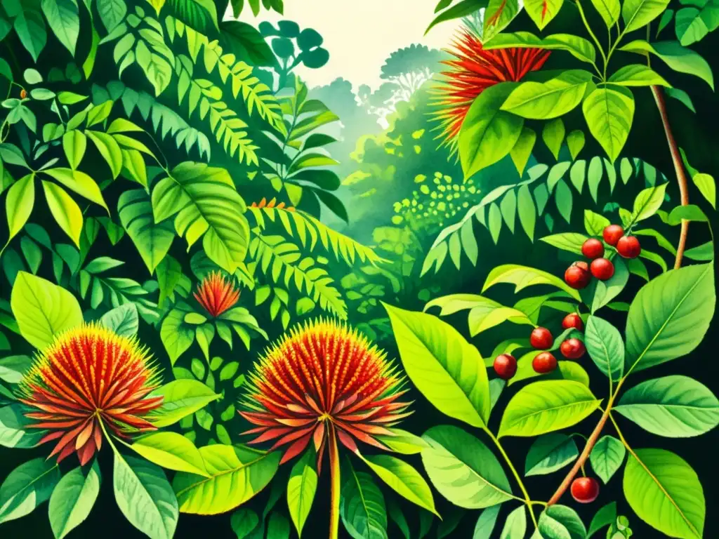 Una ilustración detallada en acuarela de un exuberante bosque amazónico con plantas de achiote