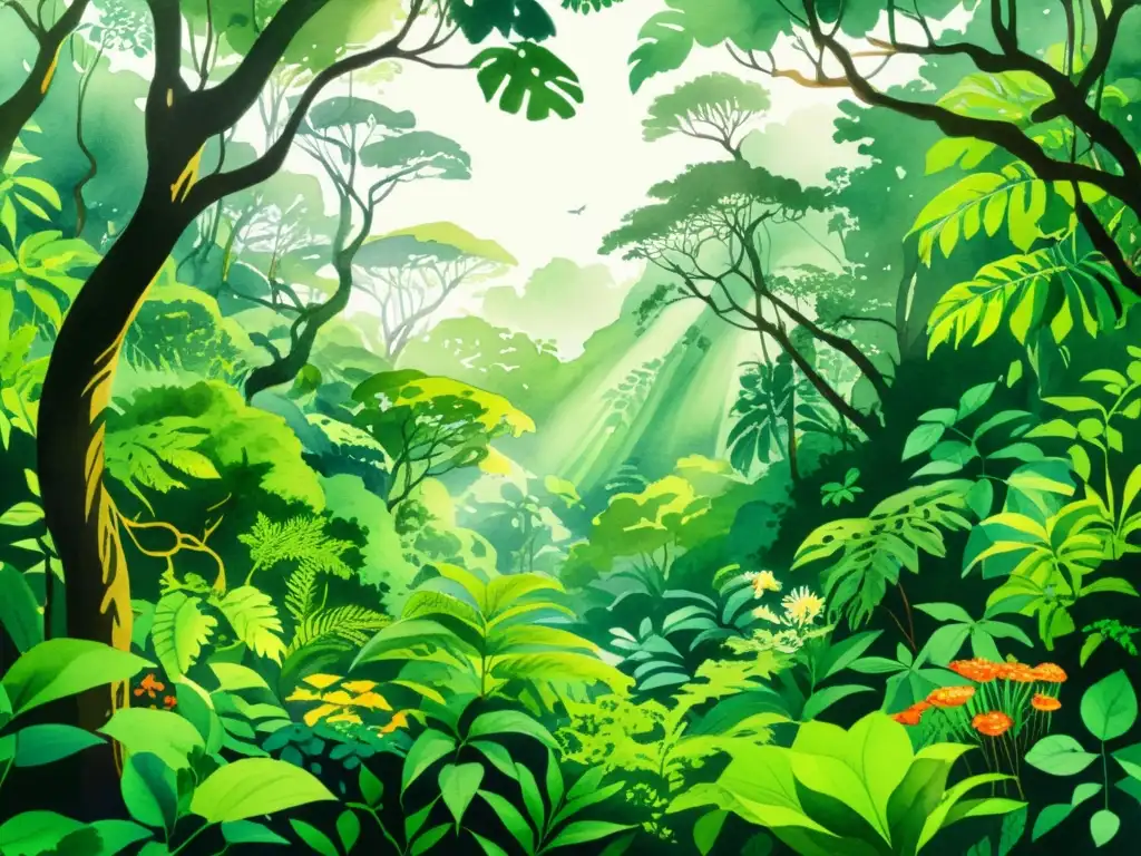 Una ilustración detallada en acuarela de un exuberante y vibrante bosque lluvioso, repleto de plantas diversas y coloridas