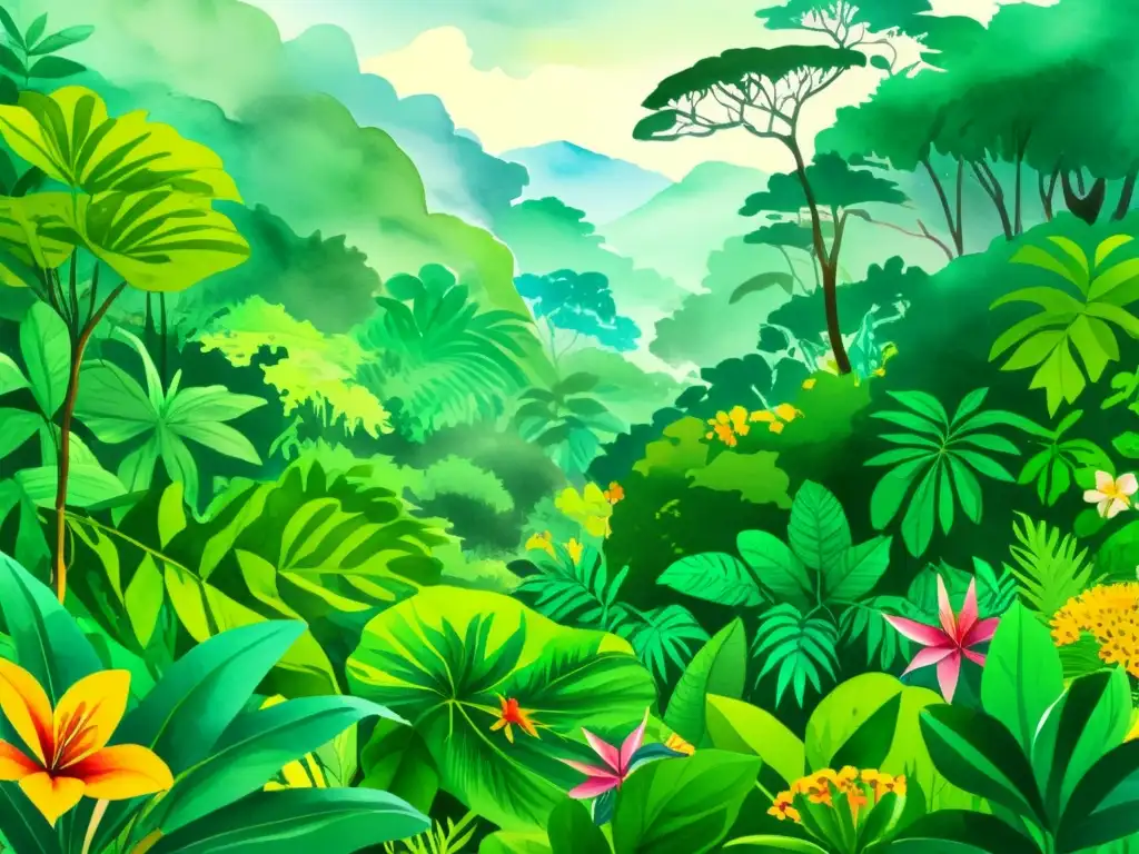 Una ilustración detallada en acuarela de una exuberante escena de selva tropical, con una diversa variedad de plantas y flores tropicales