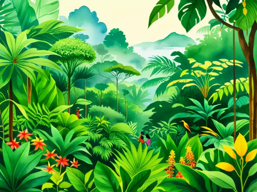 Una ilustración detallada en acuarela de una exuberante y vibrante selva tropical, con una atención especial en especies etnobotánicas tradicionales