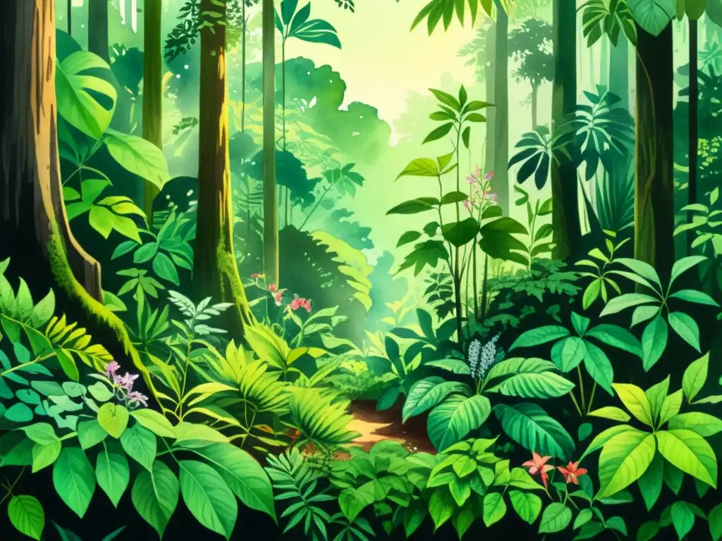 Una ilustración detallada en acuarela de un exuberante bosque tropical con plantas medicinales en prácticas espirituales