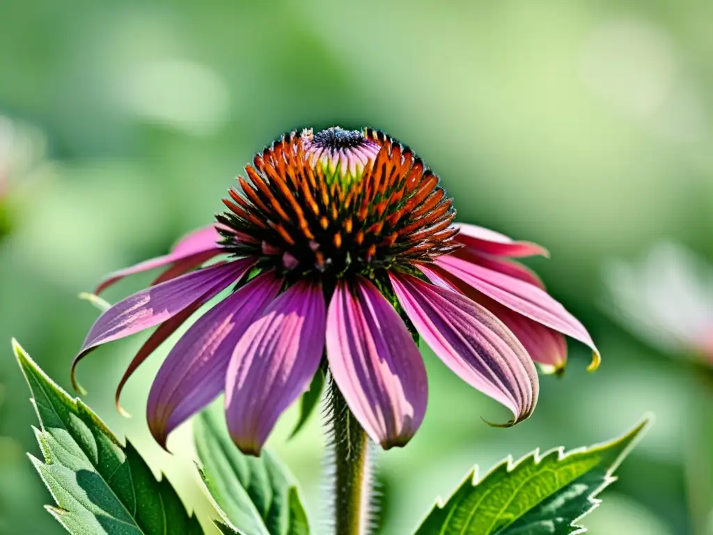 Una ilustración detallada en acuarela de una flor morada de equinácea en plena floración, rodeada de delicadas hojas verdes y un suave fondo tenue