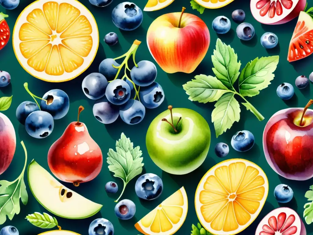 Una ilustración detallada en acuarela de frutas y verduras ricas en flavonoides como arándanos, manzanas, col rizada, cítricos y uvas rojas