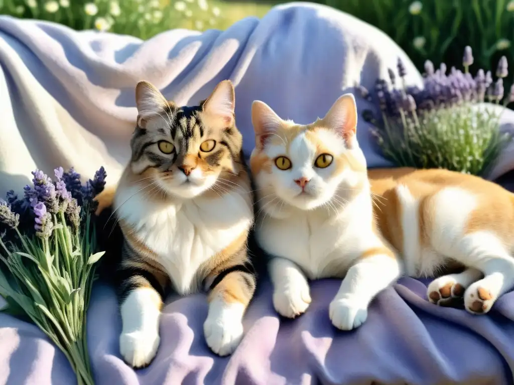 Armonía felina y canina entre flores Una ilustración detallada en acuarela de un gato y un perro relajados, rodeados de flores de lavanda y manzanilla
