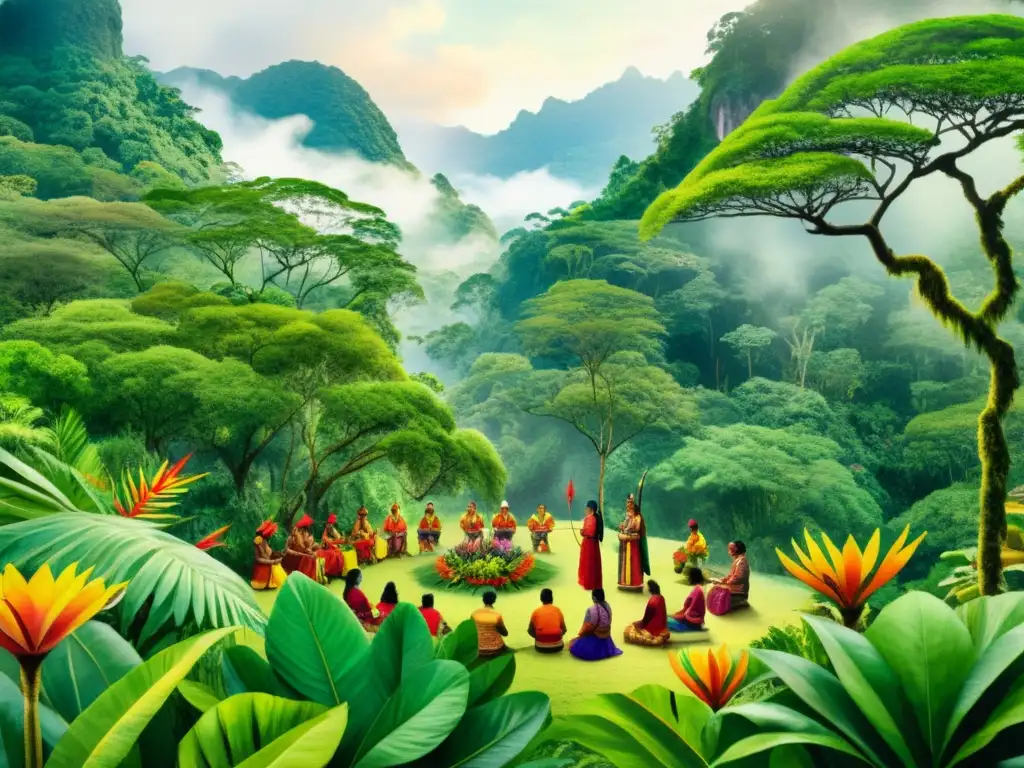 Colorida ceremonia indígena en la selva Una ilustración detallada en acuarela de un grupo de personas indígenas realizando una ceremonia tradicional en la exuberante selva