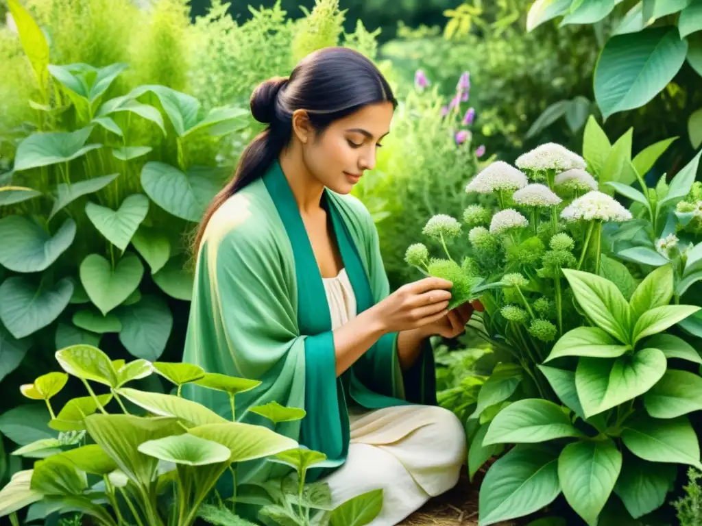 Una ilustración detallada en acuarela de un herborista ancestral cuidando plantas vibrantes en un jardín soleado