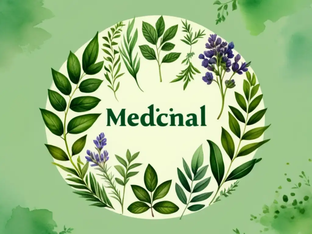 Una ilustración detallada en acuarela de hierbas medicinales, mostrando su belleza natural y potencial terapéutico