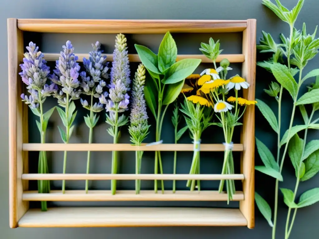 Una ilustración detallada en acuarela de diversas hierbas medicinales, como lavanda, manzanilla y menta, cuidadosamente dispuestas en un rústico rack de secado de madera