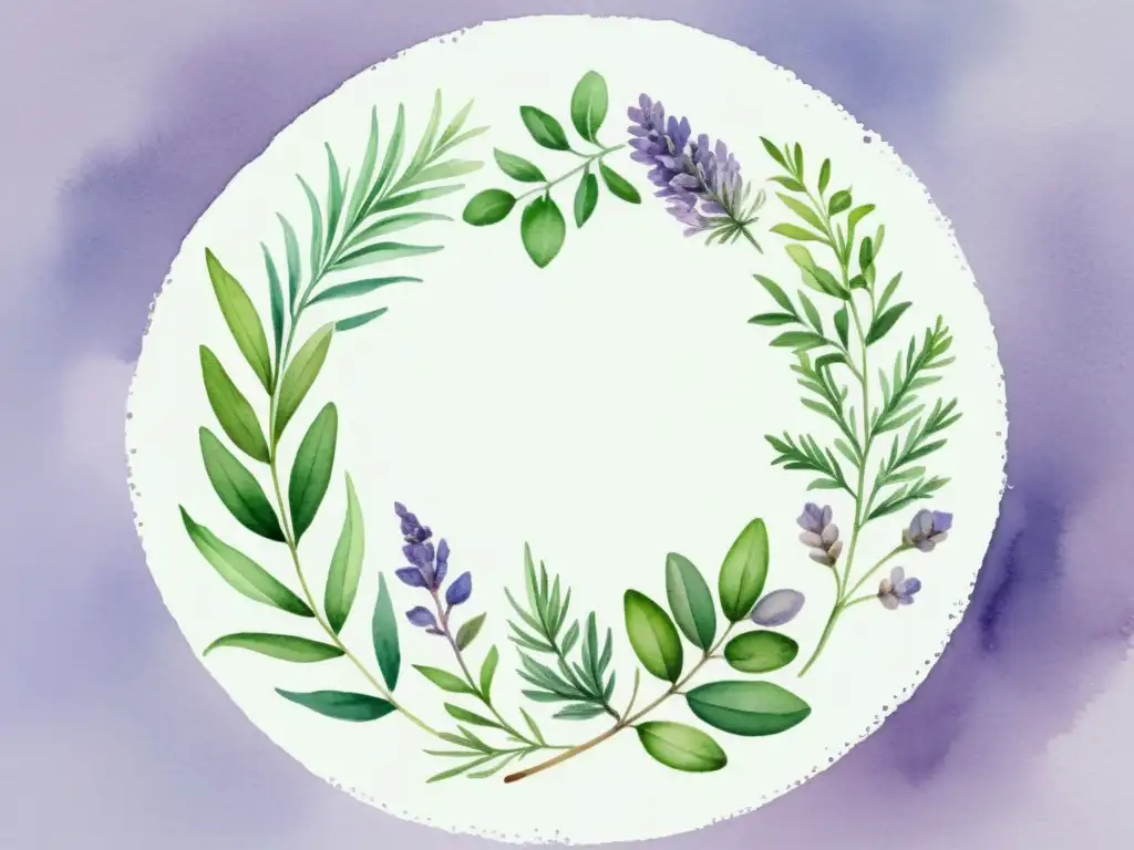 Una ilustración detallada en acuarela de hierbas y plantas, con rosemary, thyme, lavender y mint, muestra texturas y colores únicos