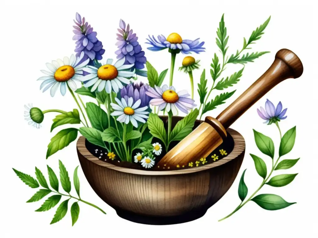 Una ilustración detallada en acuarela de hierbas medicinales como manzanilla, lavanda, menta y equinácea en un mortero de madera rústico