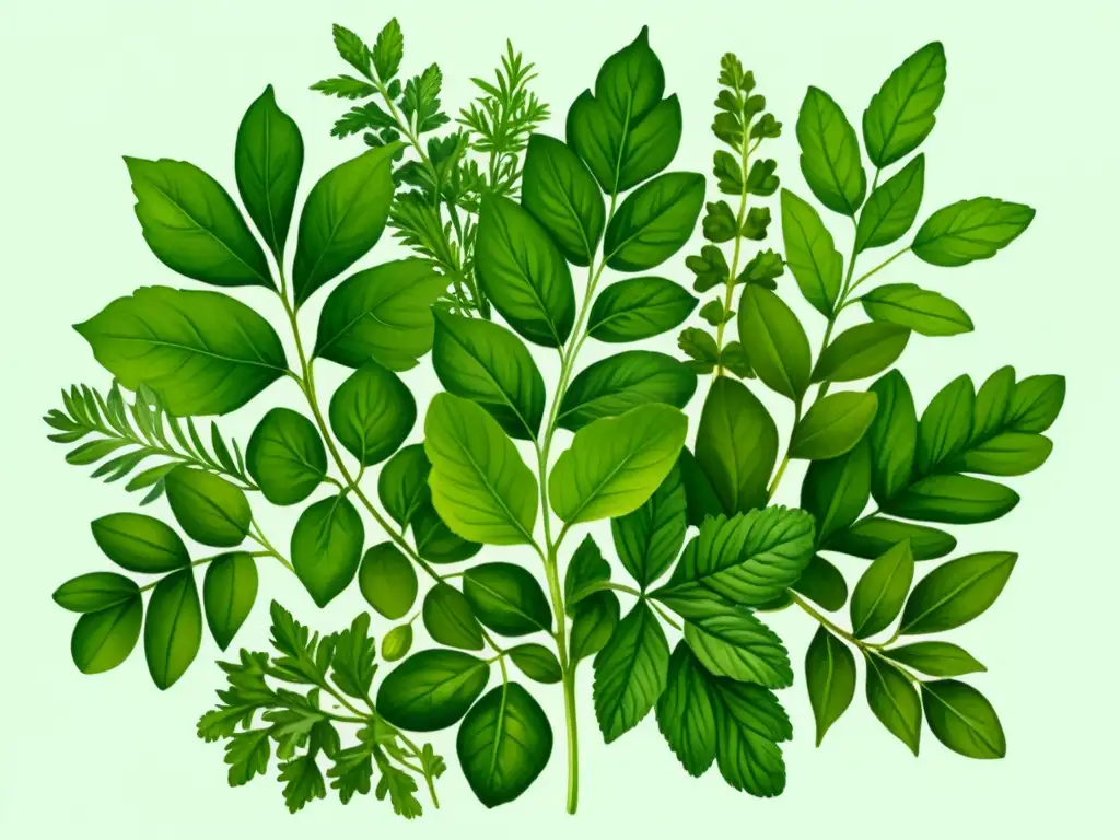 Una ilustración detallada en acuarela de hierbas frescas, como cilantro, menta, albahaca y perejil, dispuestas en un patrón hermoso y elaborado