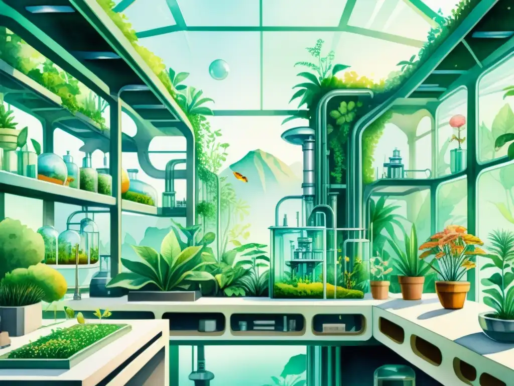 Una ilustración detallada en acuarela de un laboratorio futurista con biomas de vidrio y plantas exóticas, con brazos robóticos cuidándolas