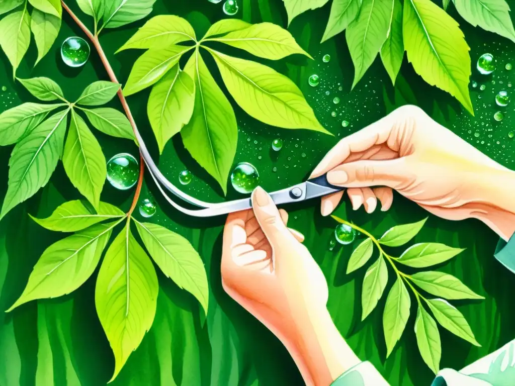 Una ilustración detallada en acuarela de una mano podando con cuidado las hojas verdes de una planta medicinal, con gotas de agua, resaltando la importancia de la poda en plantas medicinales