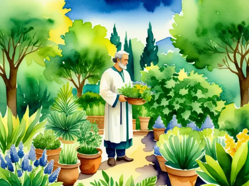 Una ilustración detallada en acuarela de un médico griego antiguo recolectando hierbas y plantas en un exuberante jardín