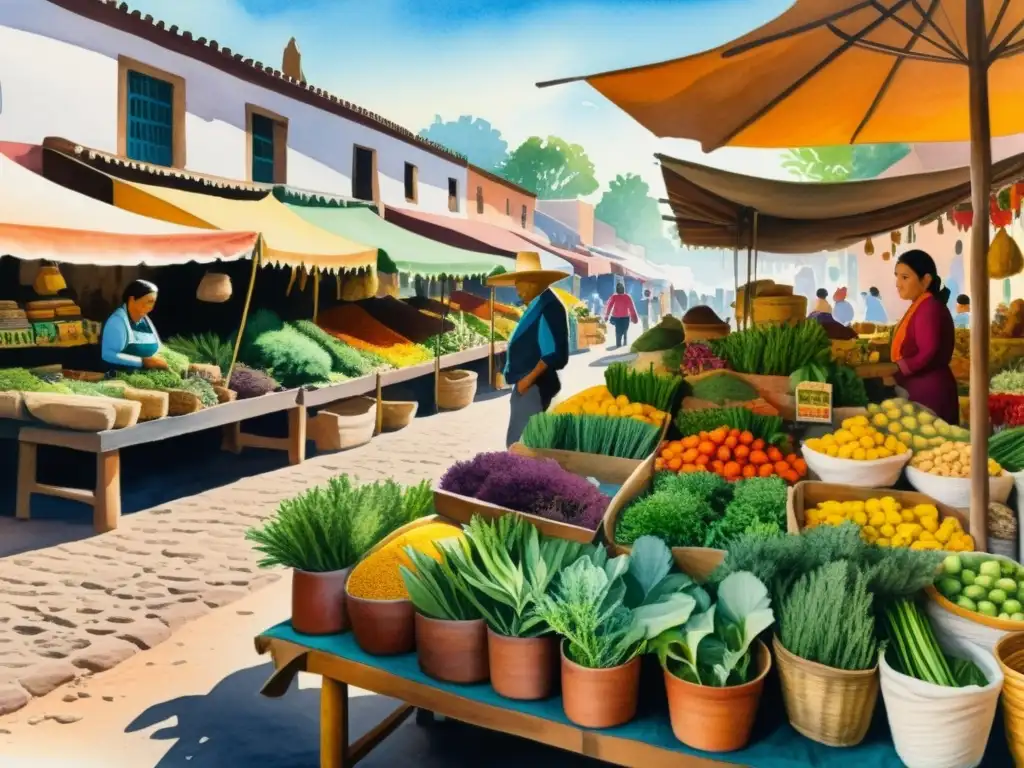 Una ilustración detallada en acuarela de un mercado tradicional mexicano, con hierbas y plantas medicinales vibrantes