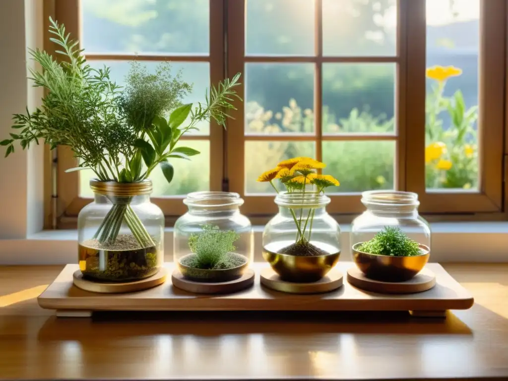 Una ilustración detallada en acuarela de una mesa de madera con hierbas, plantas y flores en frascos y cuencos