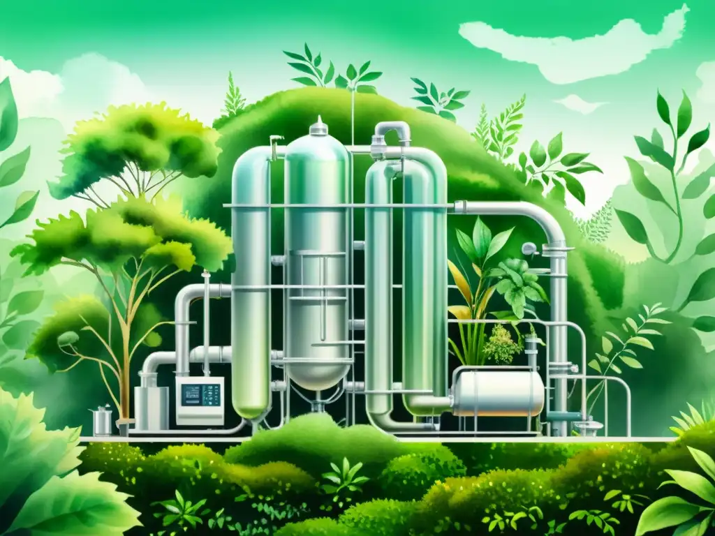 Una ilustración detallada en acuarela de un moderno sistema de biorreactor, rodeado de exuberante vegetación y vida vegetal vibrante y diversa