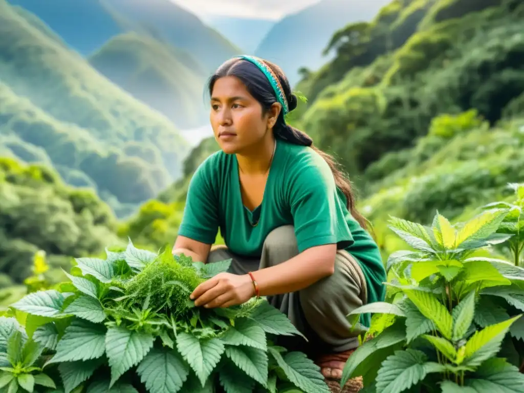 Una ilustración detallada en acuarela de una mujer mapuche cosechando ortigas en un exuberante bosque, resaltando la conexión medicinal de la planta