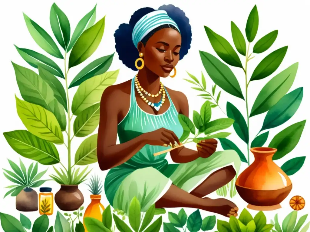 Una ilustración detallada en acuarela de una mujer africana tradicional preparando plantas medicinales