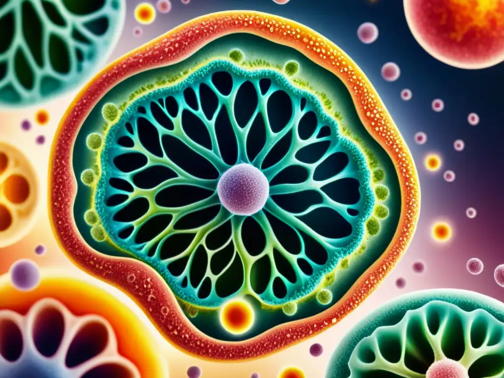 Una ilustración detallada en acuarela de nanopartículas vegetales tratando células humanas, con colores vibrantes y luz cálida