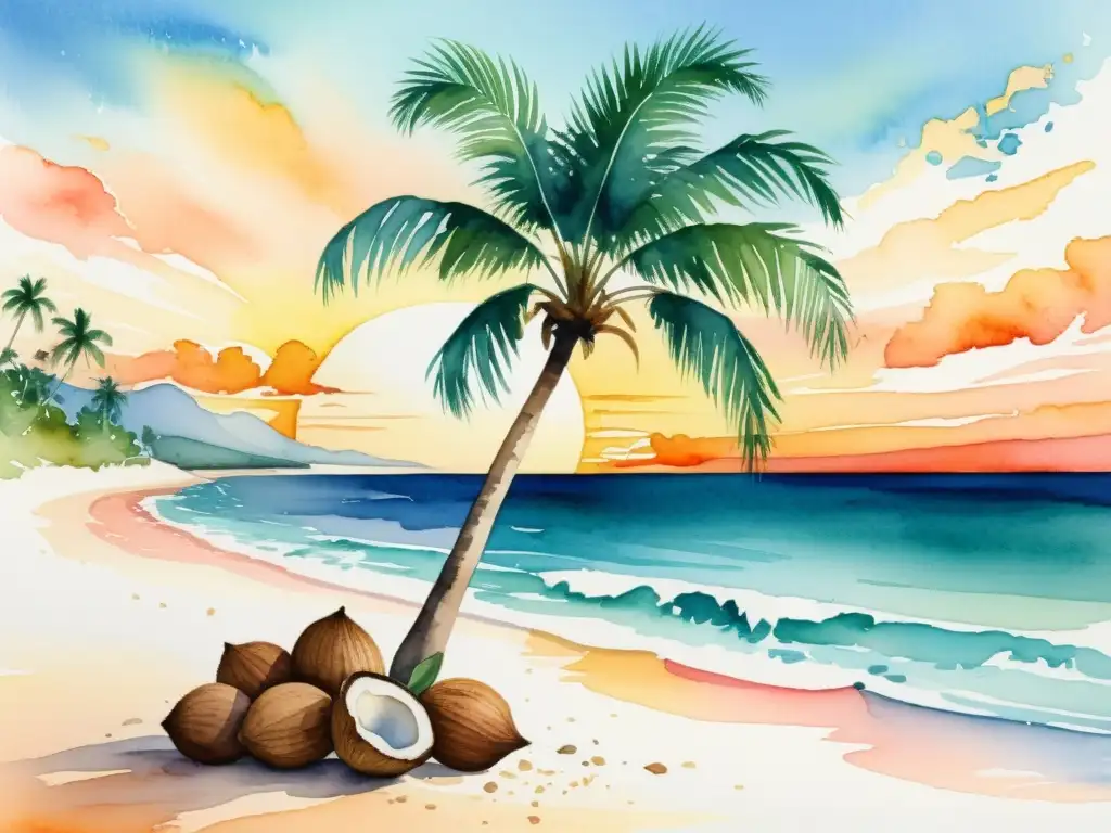 Una ilustración detallada en acuarela de una palmera de coco tropical cargada de cocos maduros, con un vibrante atardecer en una playa tranquila