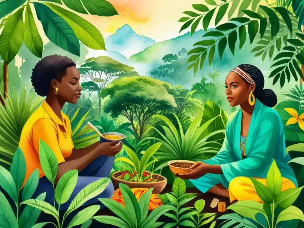 Una ilustración detallada en acuarela de personas de origen africano e indígena, reunidas en una exuberante selva