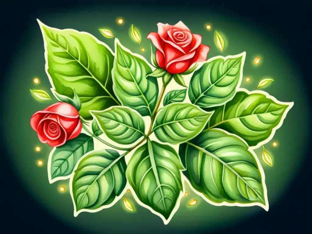 Una ilustración detallada en acuarela de una planta de albahaca verde vibrante entrelazada con rosas rojas, en un jardín místico iluminado por la luna