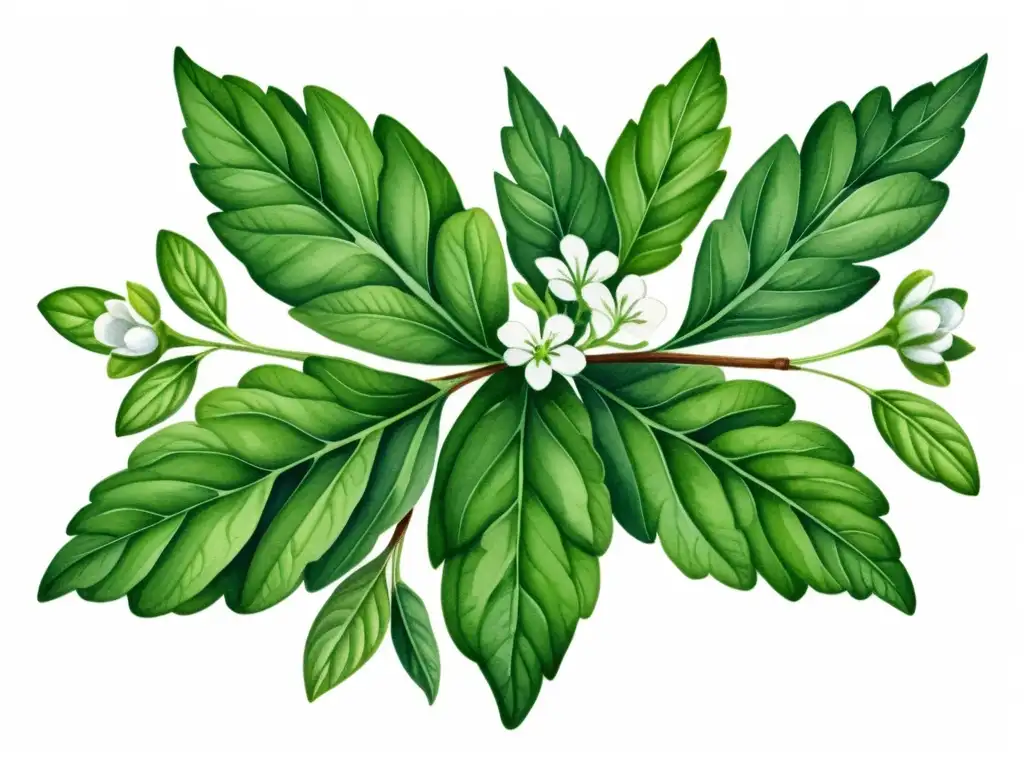 Una ilustración detallada en acuarela de una planta de stevia, destacando sus vibrantes hojas verdes y delicadas flores blancas