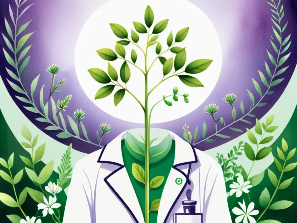 Una ilustración detallada en acuarela de una planta medicinal con hojas verdes vibrantes y delicadas flores moradas, en un laboratorio con equipamiento científico y científicos