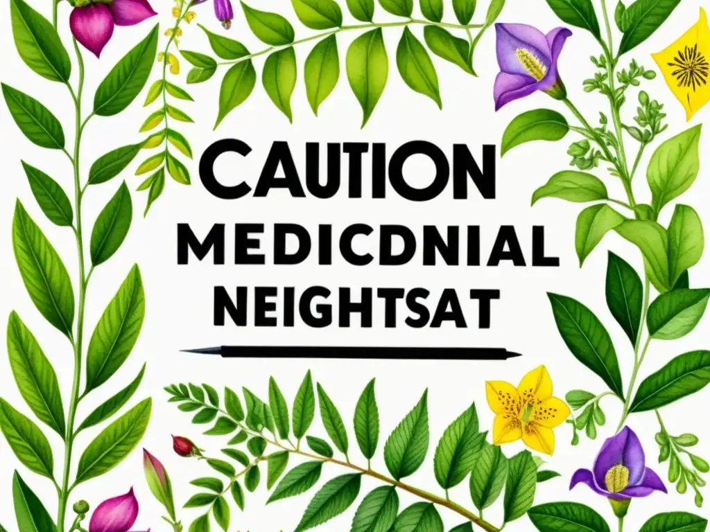 Una ilustración detallada en acuarela de plantas medicinales vibrantes, entrelazadas con cinta de precaución y señales de advertencia