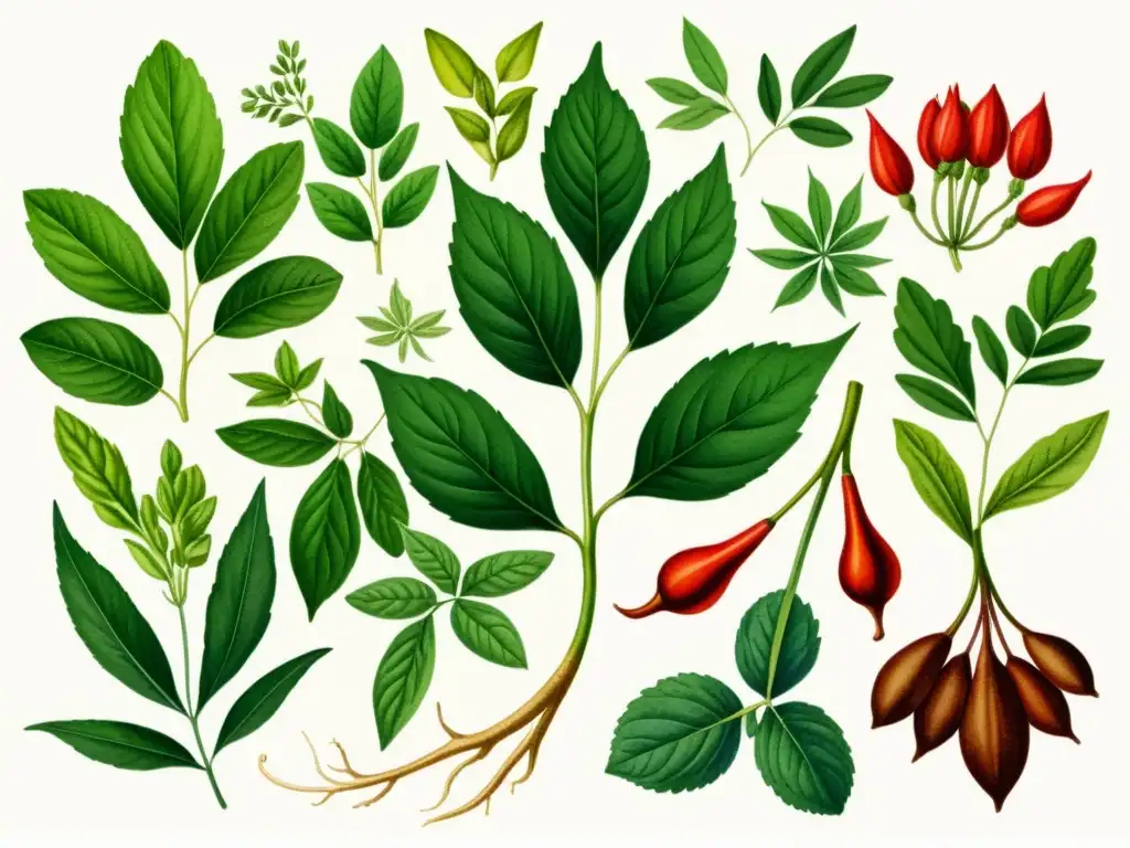 Una ilustración detallada en acuarela de plantas medicinales para salud sexual, como ginseng, maca y hierba de cabra en celo