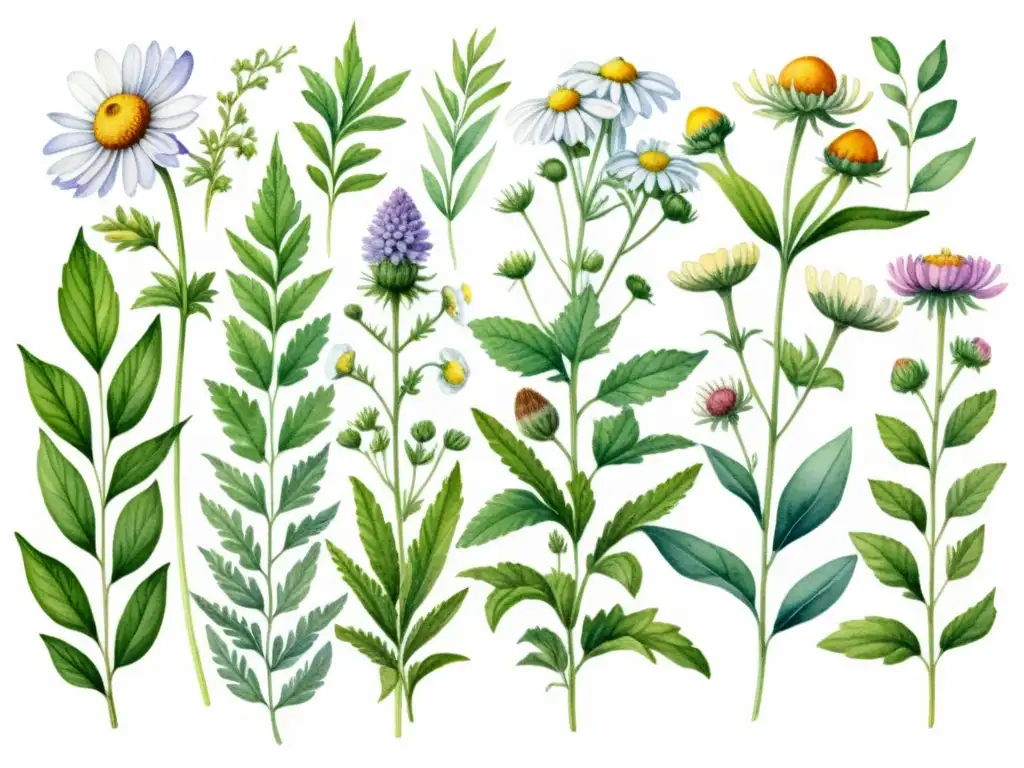 Una ilustración detallada en acuarela de plantas medicinales como manzanilla, menta, lavanda y equinácea