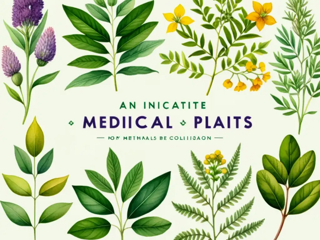 Una ilustración detallada en acuarela de plantas medicinales vibrantes y exuberantes con etiquetas de vitaminas y minerales