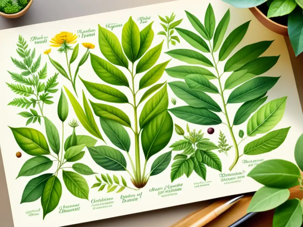 Una ilustración detallada en acuarela de plantas medicinales, con hojas, flores y raíces