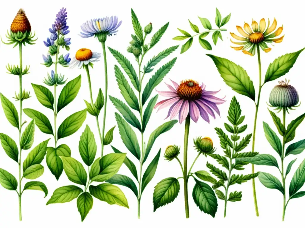 Una ilustración detallada en acuarela de plantas medicinales, como lavanda, equinácea, manzanilla y menta