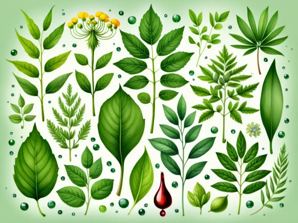 Una ilustración detallada en acuarela de plantas medicinales, con etiquetas de nombres científicos