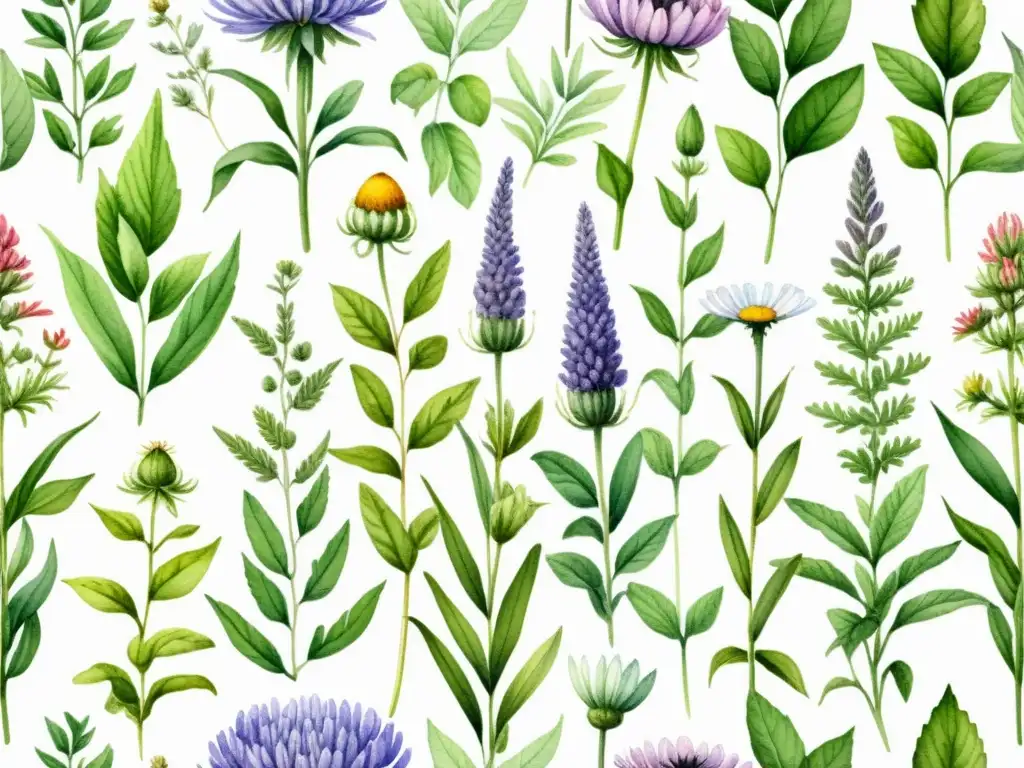 Una ilustración detallada en acuarela de plantas medicinales de la Unión Europea, como lavanda, manzanilla, equinácea y menta, en una hermosa composición botánica