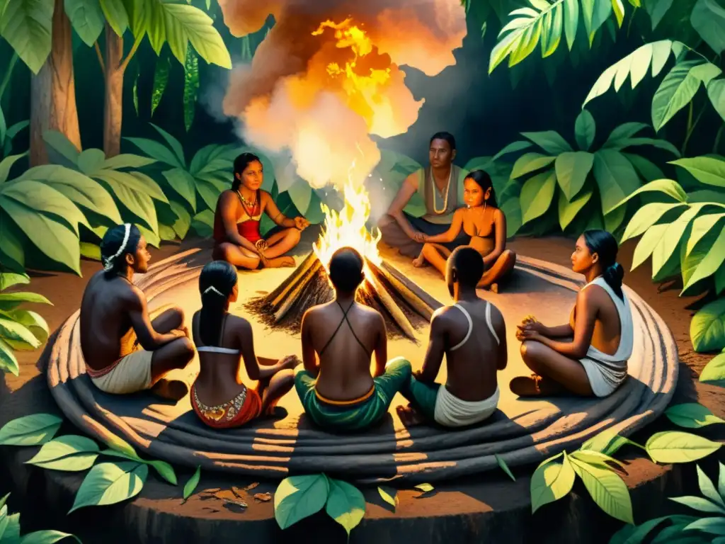 Una ilustración detallada en acuarela 8k de un ritual indígena en la selva con la palabra clave 'Usos terapéuticos del tabaco en rituales'