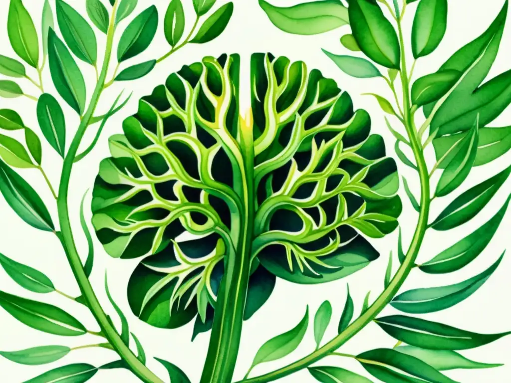 Una ilustración detallada en acuarela de una sección transversal del cerebro humano, con vibrantes plantas de aloe vera entrelazadas