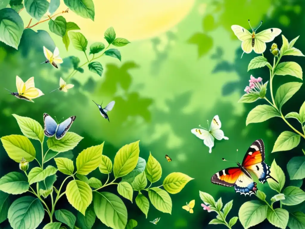 Una ilustración detallada en acuarela de un sereno jardín con melisa, mariposas y colibríes