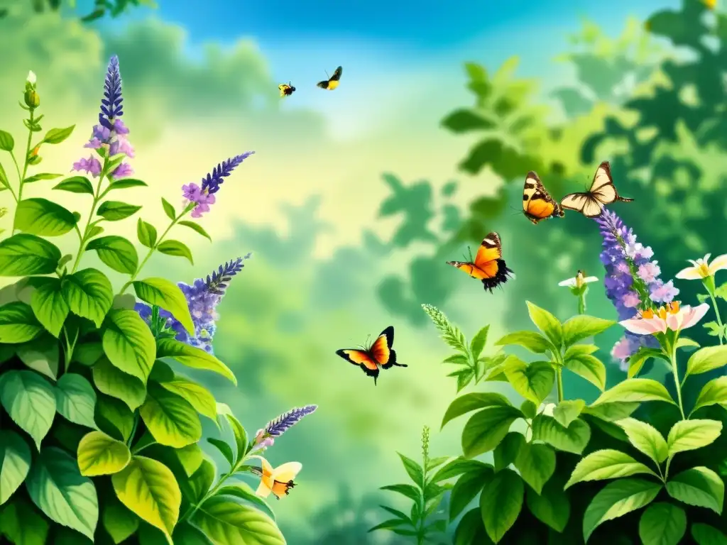 Una ilustración detallada en acuarela de un sereno jardín con plantas vibrantes de melisa en plena floración, mariposas y colibríes revoloteando