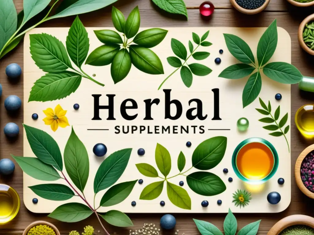 Una ilustración detallada en acuarela de diversos suplementos herbales sobre una mesa de madera, con colores vibrantes y detalles intrincados que representan los diferentes tipos de hierbas y plantas utilizadas en los suplementos