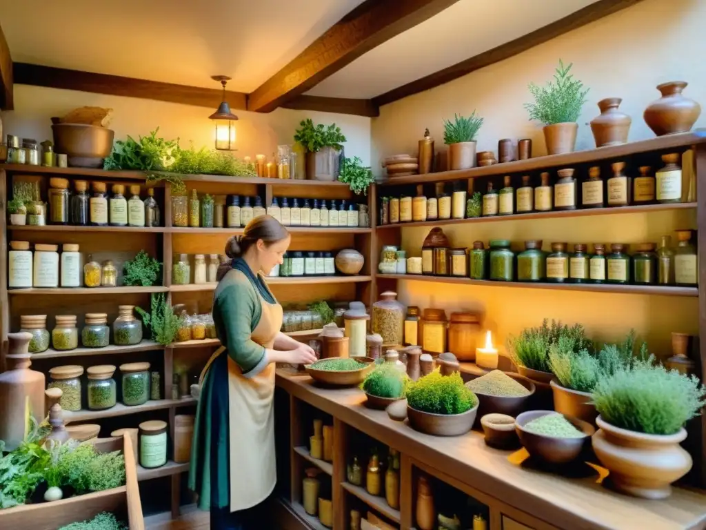 Una ilustración detallada en acuarela de una tienda de botica medieval, llena de hierbas, plantas e ingredientes botánicos