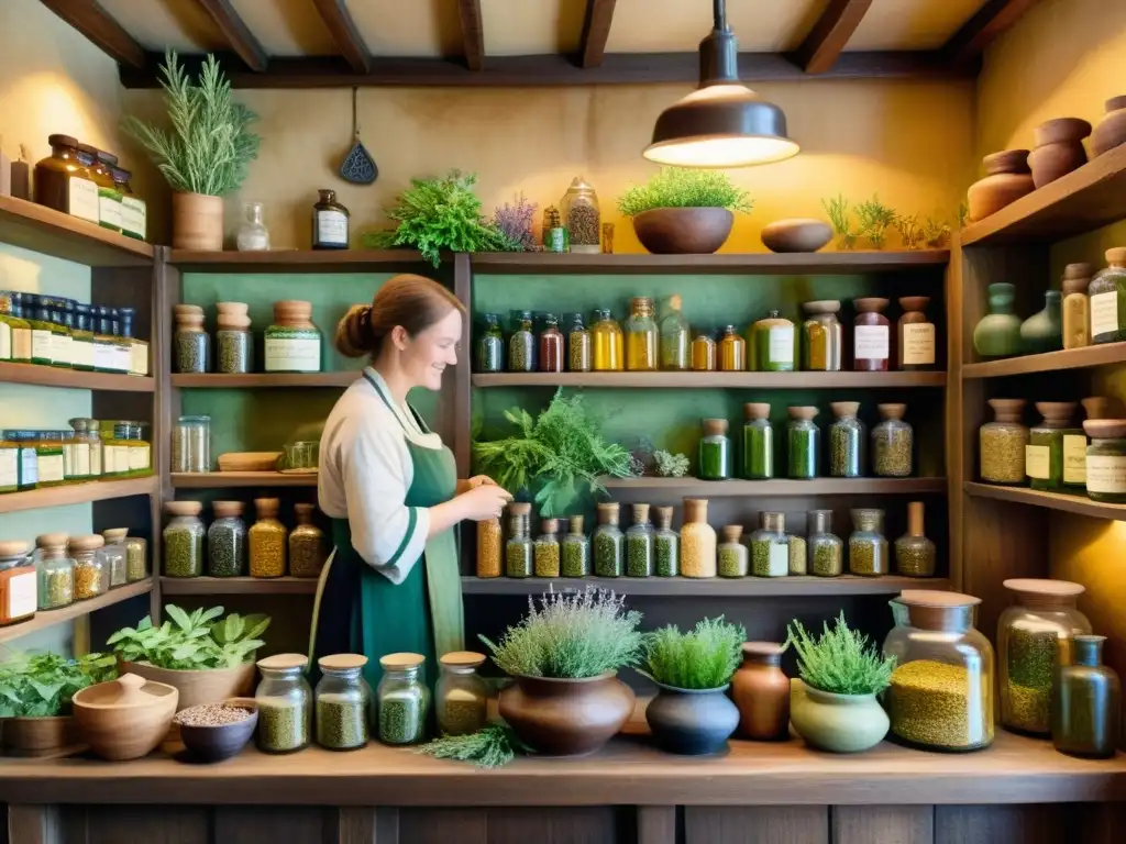 Una ilustración detallada en acuarela de una tienda de hierbas medicinales en la Edad Media, con un herborista ayudando a los clientes en un ambiente acogedor y lleno de aromas